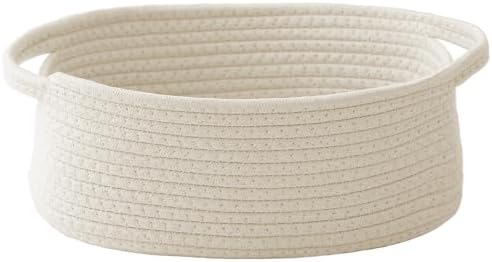 JMvicyroam Woven Basket,Small Rope Storage Bin with Handles & Ribbon Bag, Organizer for Shelves Closets,Gift Basket Empty for Birthday,Books,Dog Toys,White