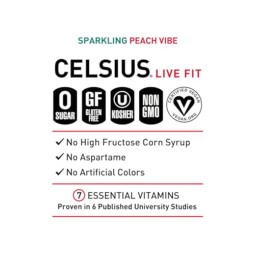 CELSIUS PEACH VIBE Sparkling White Peach, Sugar Free Energy Drink, 12 Fl Oz