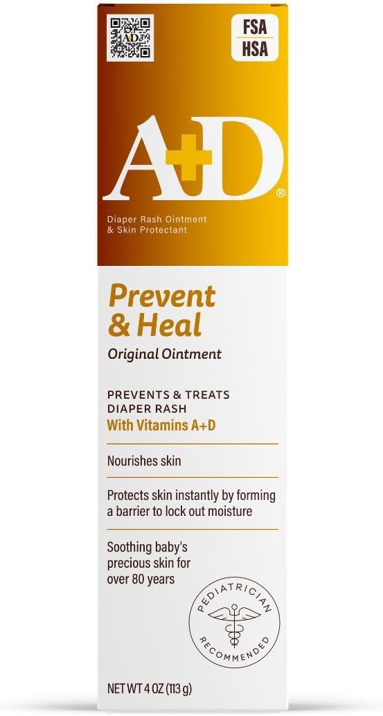A+D Original Diaper Rash Ointment Prevents & Treats Diaper Rash, Moisturizing Skin Protectant with Vitamins A & D, Healing Skin Ointment for Dry and Cracked Skin 4oz