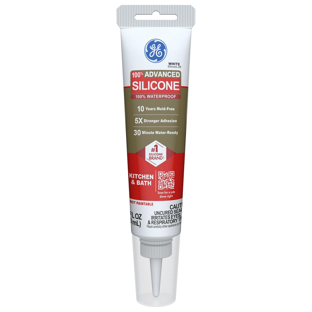 GE Advanced Silicone Caulk for Kitchen & Bathroom, White, 2.8 fl oz Tube, 1 Pack - 100% Waterproof Silicone Sealant, 5X Stronger Adhesion, Shrink & Crack Proof
