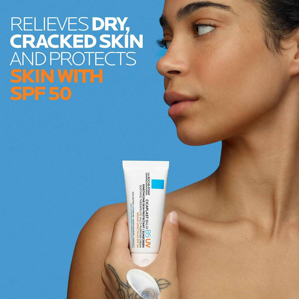La Roche-Posay Cicaplast Balm B5 UV SPF 50, Vitamin B5 + Shea Butter + Tribioma + Madecassoside + Zinc Oxide Sunscreen, Post Treatment Skin Protectant With SPF, Multi-Purpose Cream For Dry Skin