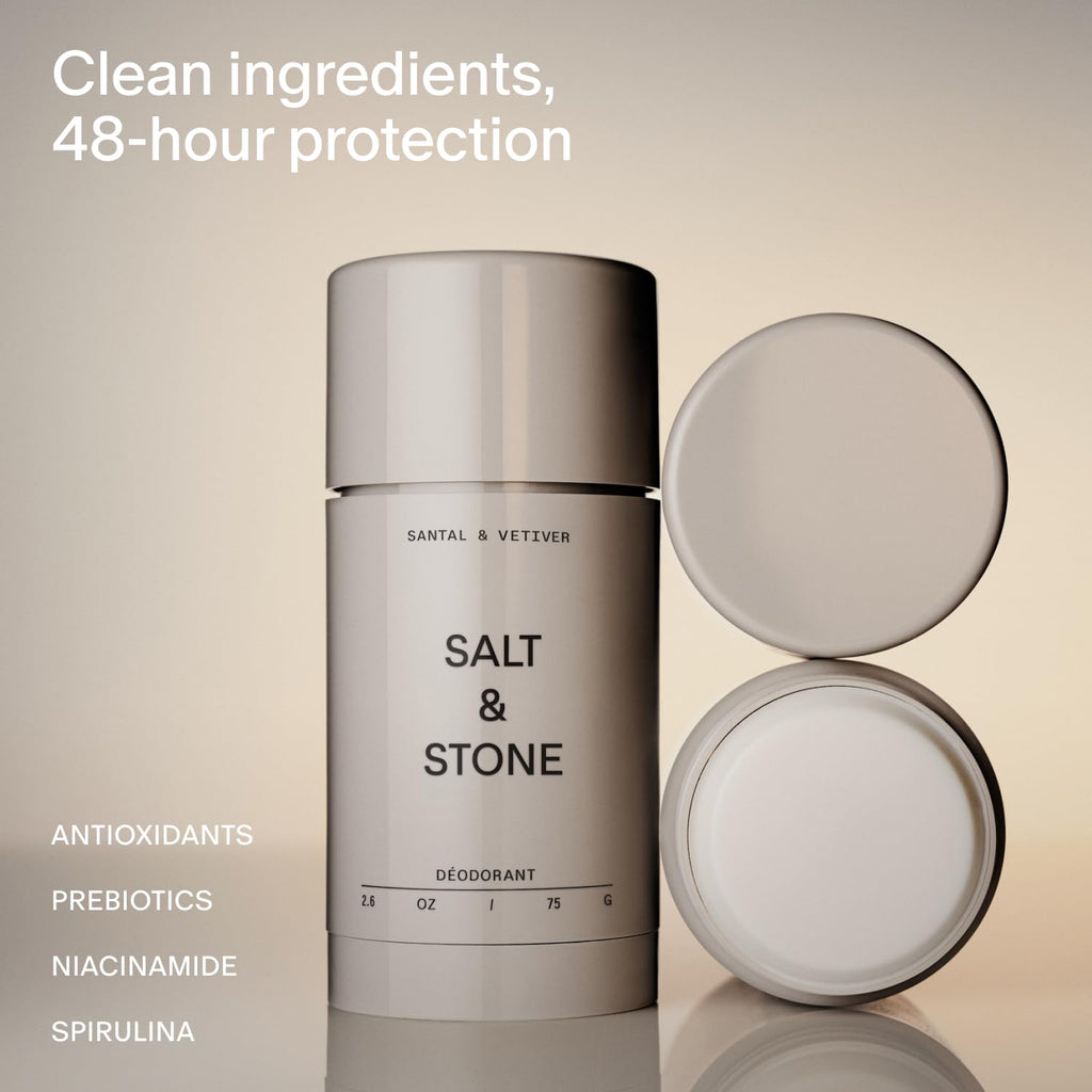 Salt & Stone Aluminum Free Deodorant | Extra Strength 48 Hour Protection for Women & Men | Made with Seaweed Extracts, Niacinamide & Prebiotics | Santal & Vetiver