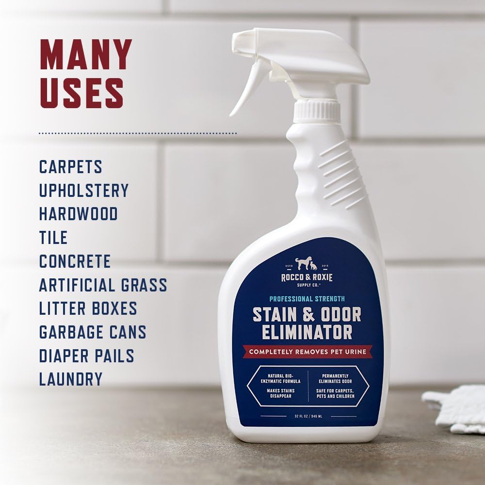 Rocco & Roxie Supply Co. Stain & Strong Odor Eliminator, Enzyme Cleaner, Pet Odor Eliminator for Home - Carpet Stain Remover for Cats & Dog Pee - Urine Destroyer - Carpet Cleaner Spray Clear, 32 Fl Oz