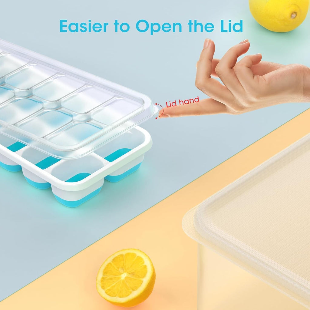 DOQAUS Ice Cube Tray with Lid and Bin - 4 Pack Silicone Ice Cube Trays for Freezer, Stackable Ice Bucket Kits with Storage Container & Scoop for Kitchen, RV, Cocktail, Coffee