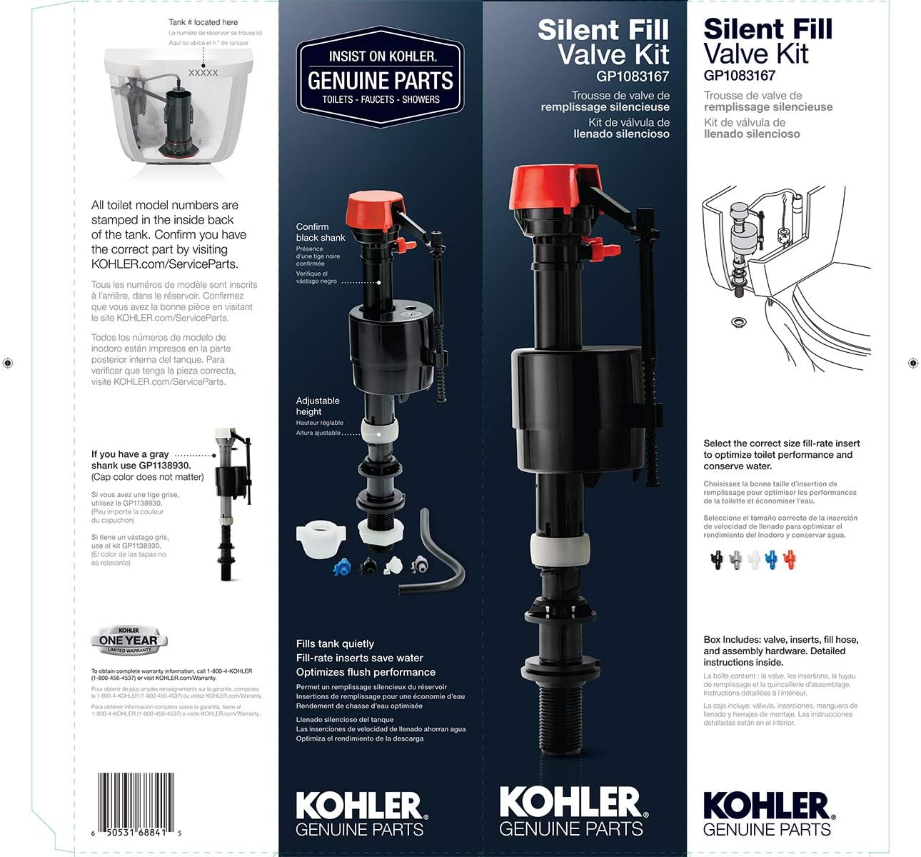 Kohler Genuine Part Gp1083167 Silent Fill Valve Kit For All Kohler Class Five Toilets,12.5" x 3.5" x 3"