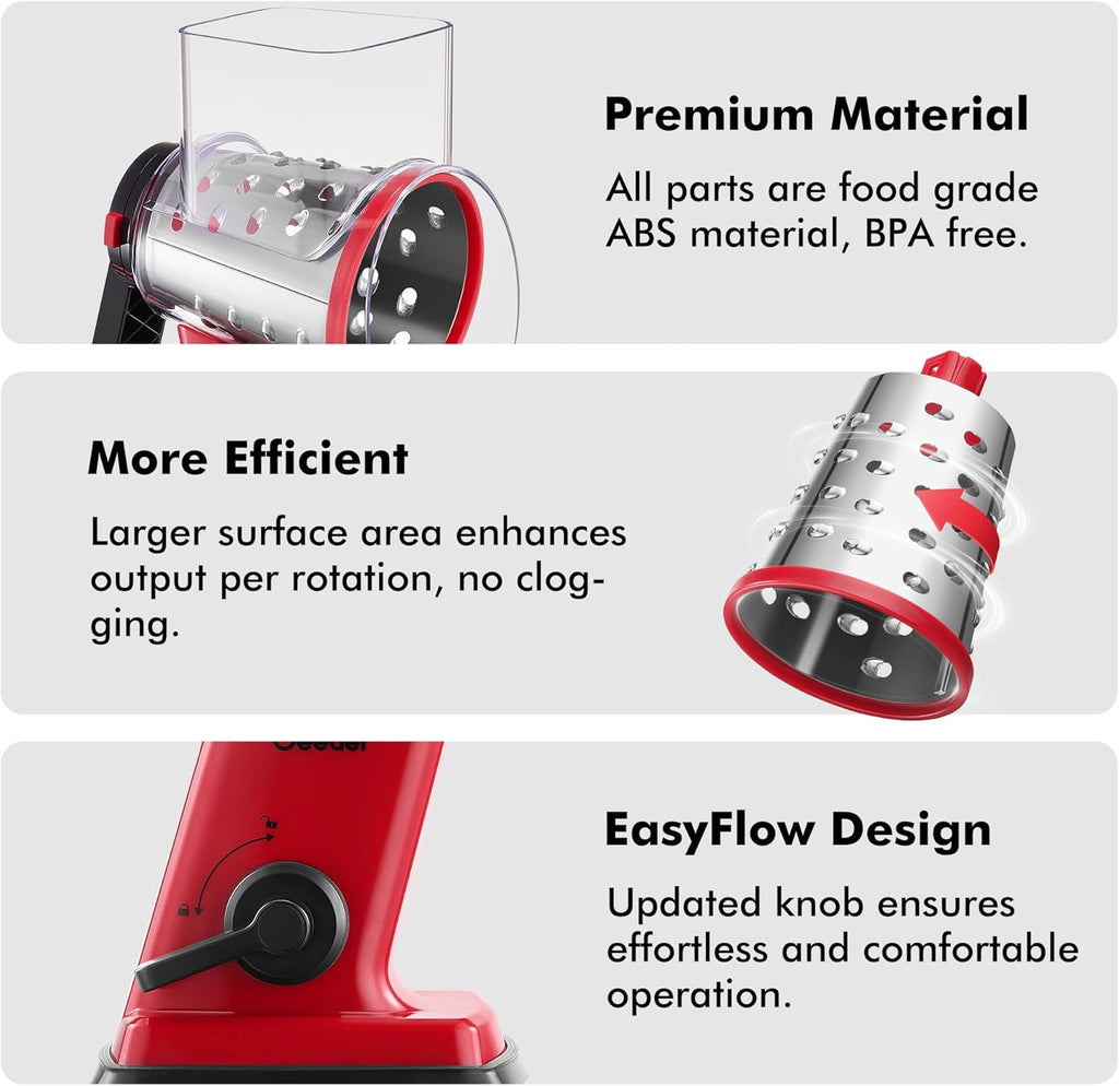 Geedel Rotary Cheese Grater, Kitchen Mandoline Vegetable Slicer with 3 Interchangeable Blades, Easy to Clean Rotary Grater Slicer for Fruit, Vegetables, Nuts