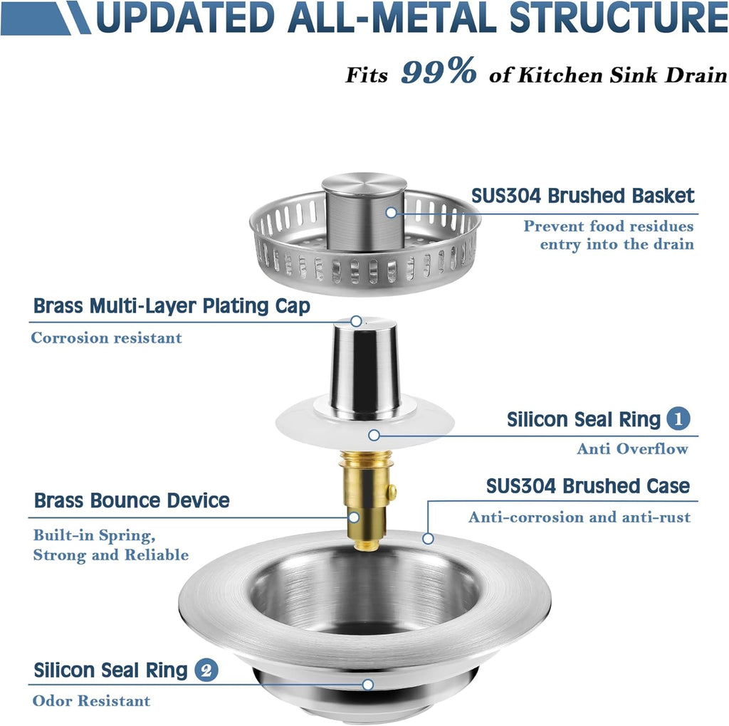 Kitchen Sink Drain Strainer 3 in 1, 304 Stainless Steel Pop Up Sink Stopper, Anti-Clogging Sink Drain Strainer for US Standard Kitchen Drain (SUS304 Brushed)
