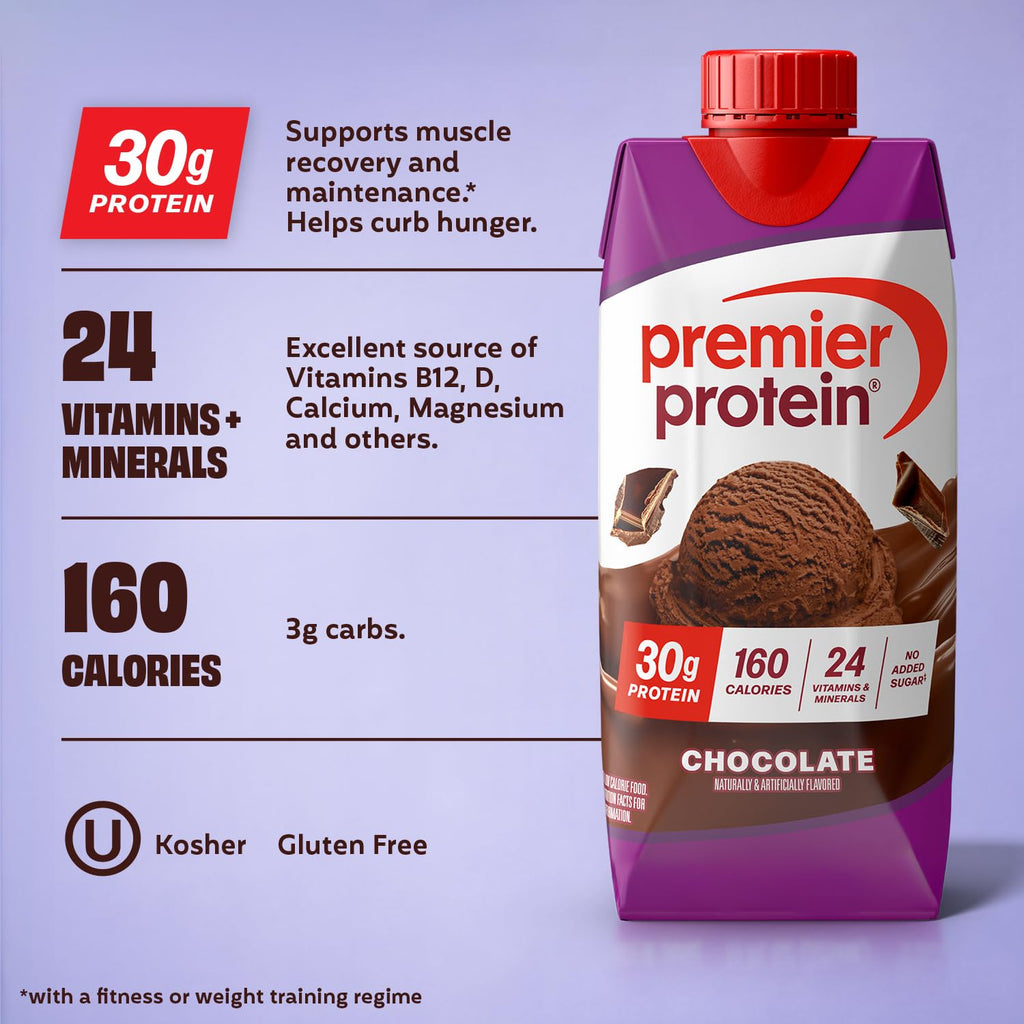 Premier Protein Shake, Chocolate, 30g Protein, No Added Sugar, 24 Vitamins & Minerals to Support Immune Health, 11 fl oz, 12 Pack
