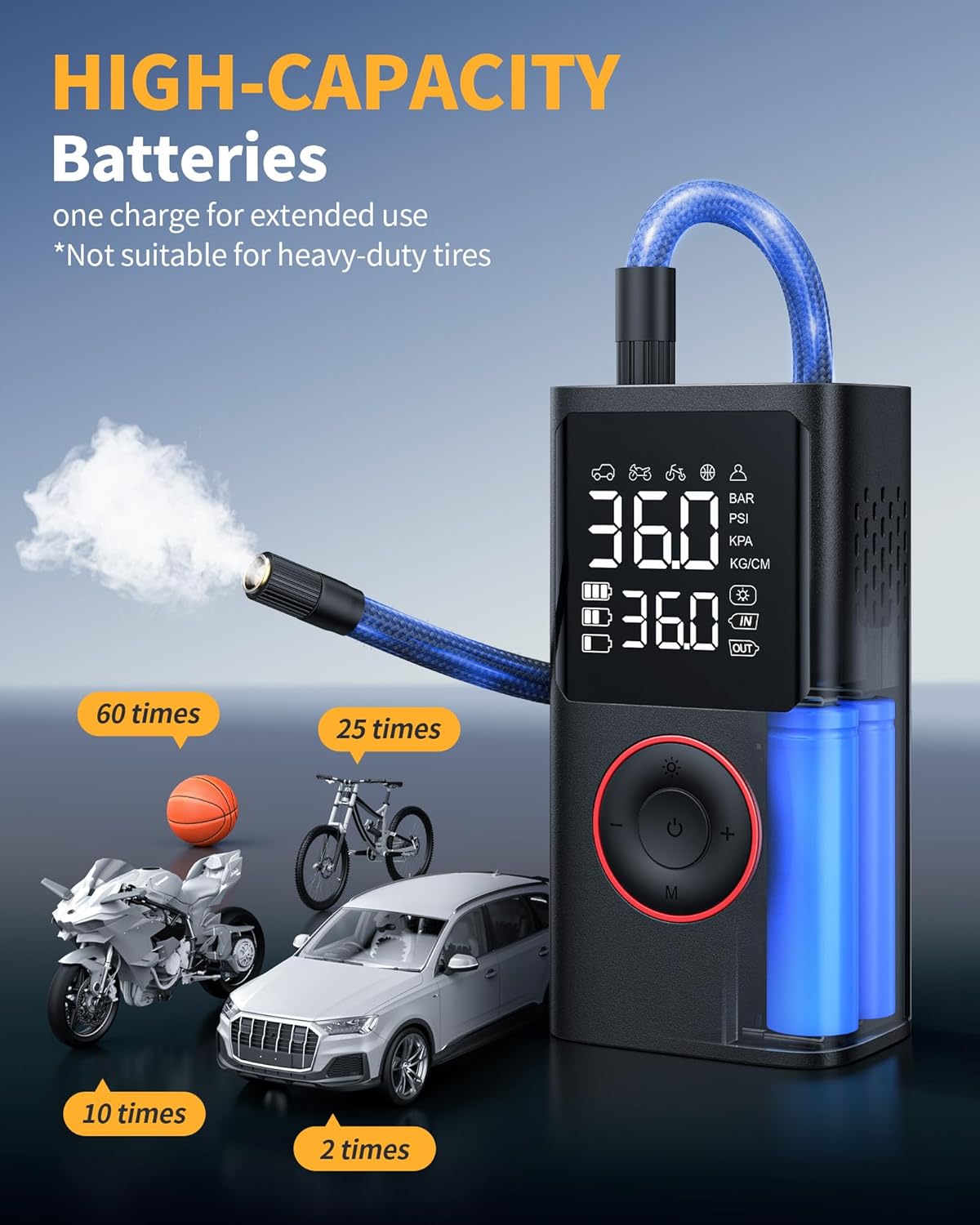 Powools Tire Inflator Portable Air Compressor, 150 PSI Cordless Bike Pump, Air Pump for Auto, Motorcycle, Bicycle, Balls with Pressure Gauge, LED Light & Car Accessories, Black, Standard Capacity