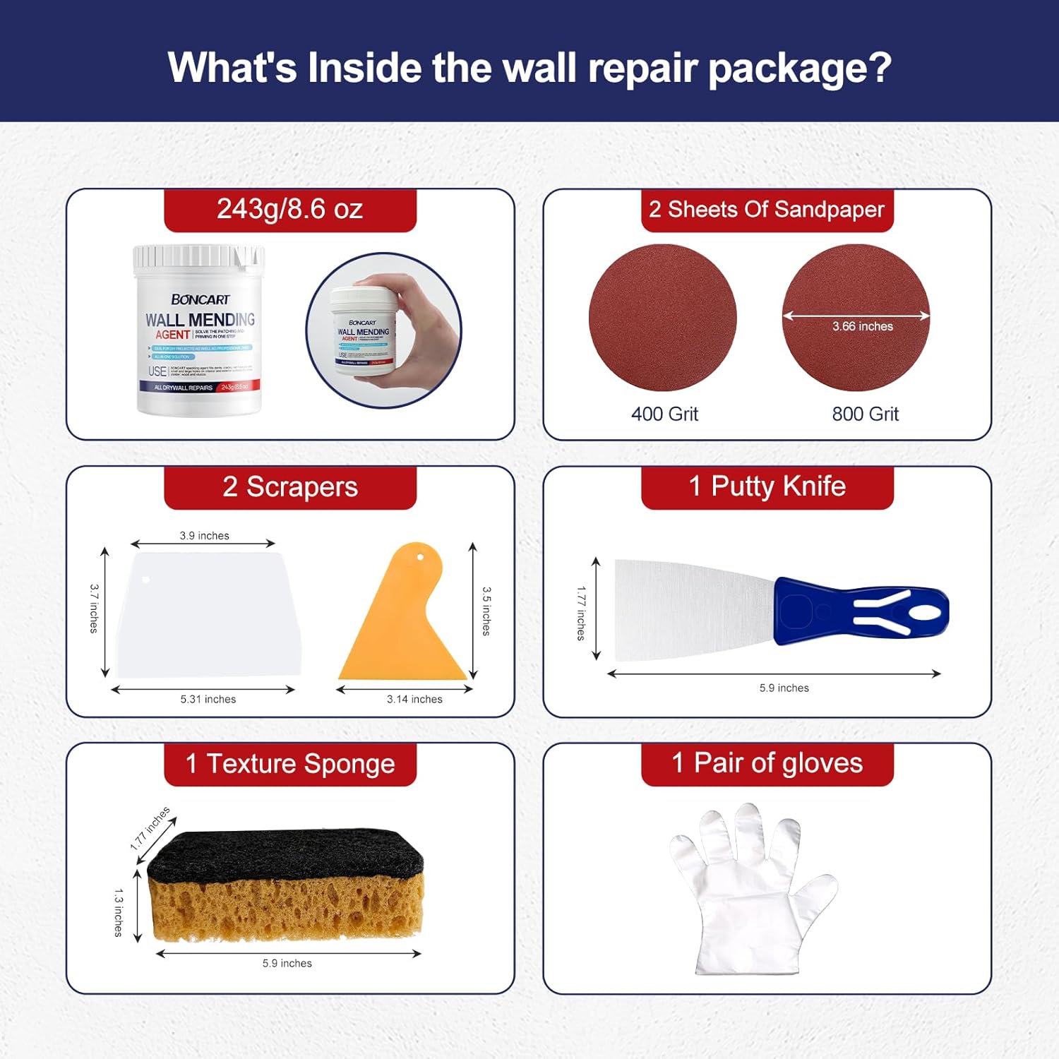 BONCART 8.6oz Drywall Patch Repair Kit - Professional All-in-1 Tool Set (Scrapers/Sandpaper/Texture Sponge/Gloves/Putty Knife) for Fast Wall Hole Repair