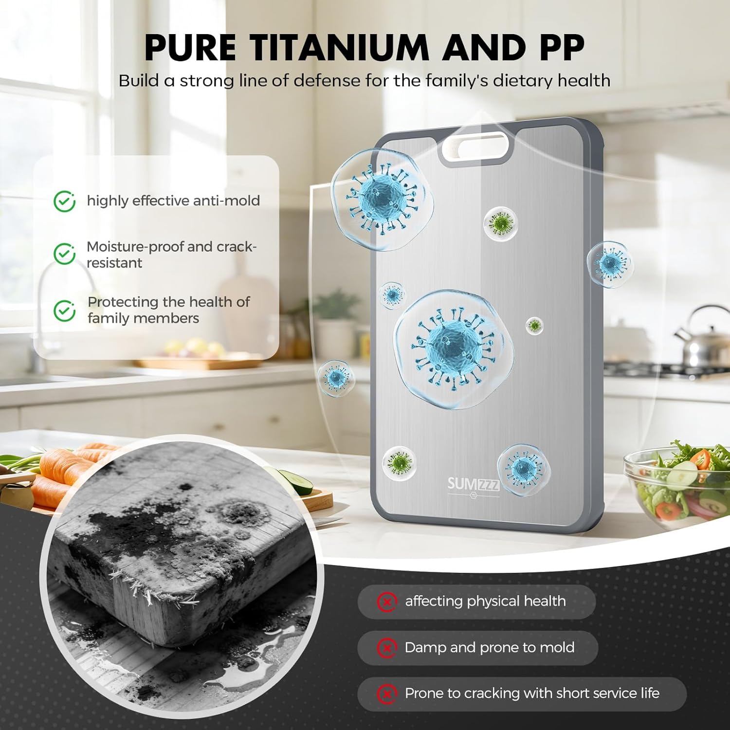 Sumzzz Titanium Cutting Board for Kitchen, Non Toxic 2-in-1 Cutting Board Double Sided Food Grade Pure Titanium, Knife Friendly Easy to Clean Large Size 15”×10.3”