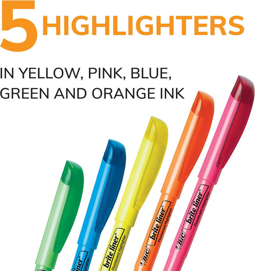 BIC Brite Liner Highlighters, Chisel Tip, 5-Count Pack of Highlighters Assorted Colors, Ideal Highlighter Set for Organizing and Coloring