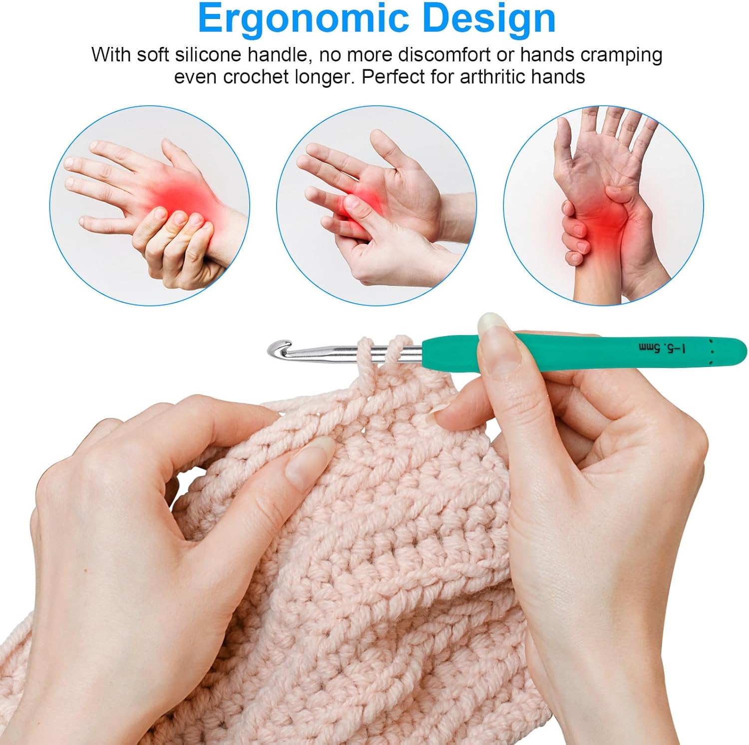 MECHEER Crochet Hooks 12 Sizes Crochet Hook Set, 51 Pack Yarn Crochet Kit for Beginners, Knitting Needles with Ergonomic Handles for Arthritic Hands, Crochet Needle Kit with Blue Case for Crocheters