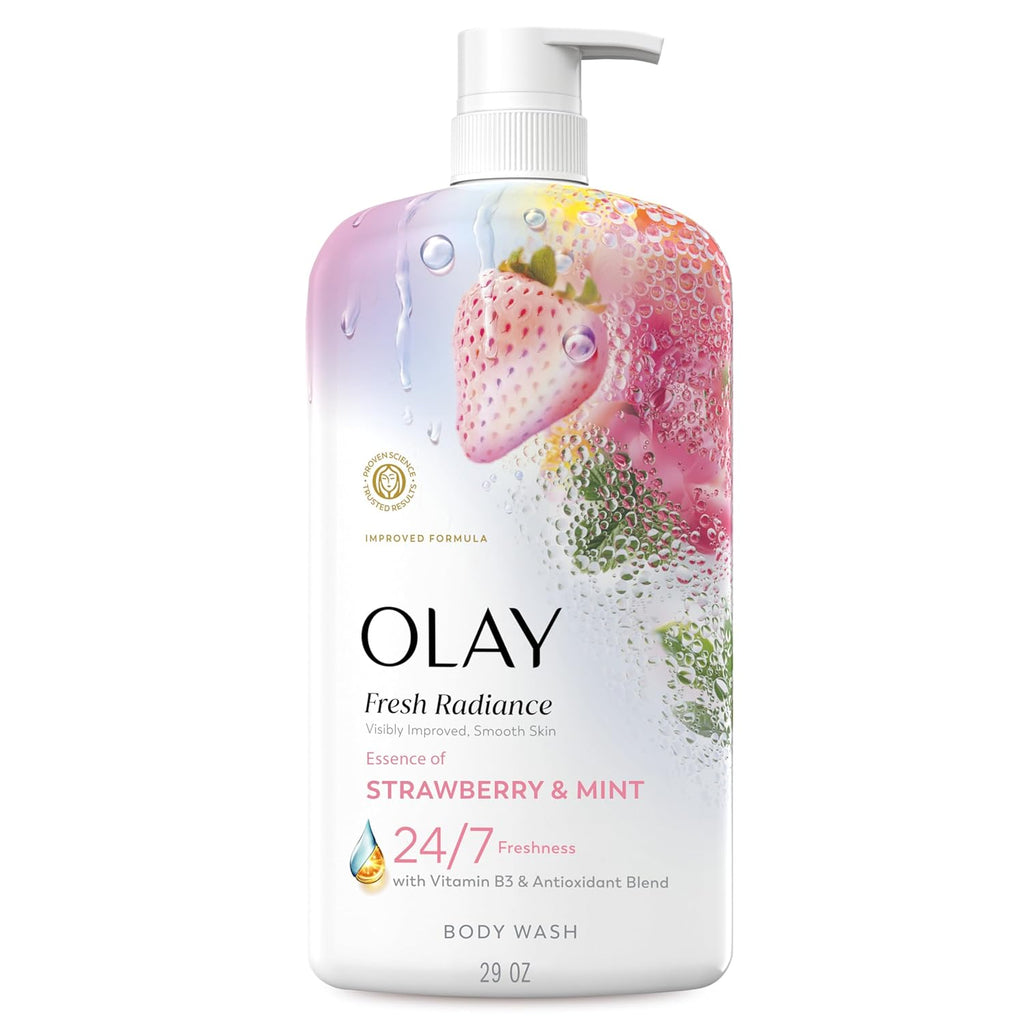 Olay Body Wash for Women, Fresh Radiance, 24/7 Skin-Loving Freshness, Visibly Radiant, Plant Based Cleansers, Vitamin B3 & Antioxidant Blend, For All Skin Types, Strawberry & Mint Scent, 29 fl oz