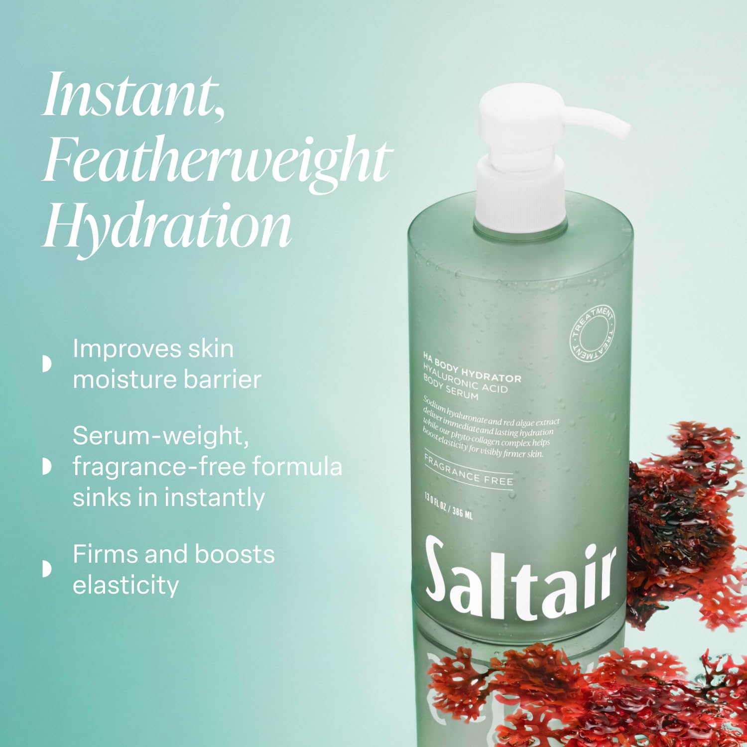 Saltair Hyaluronic Acid Body Serum – Hydrating Body Lotion for Smoother Looking Skin – Sheer Gel Moisturizer with Sodium Hyaluronate & Red Algae – Fragrance-Free HA Hydrator – 13oz Pump Bottle
