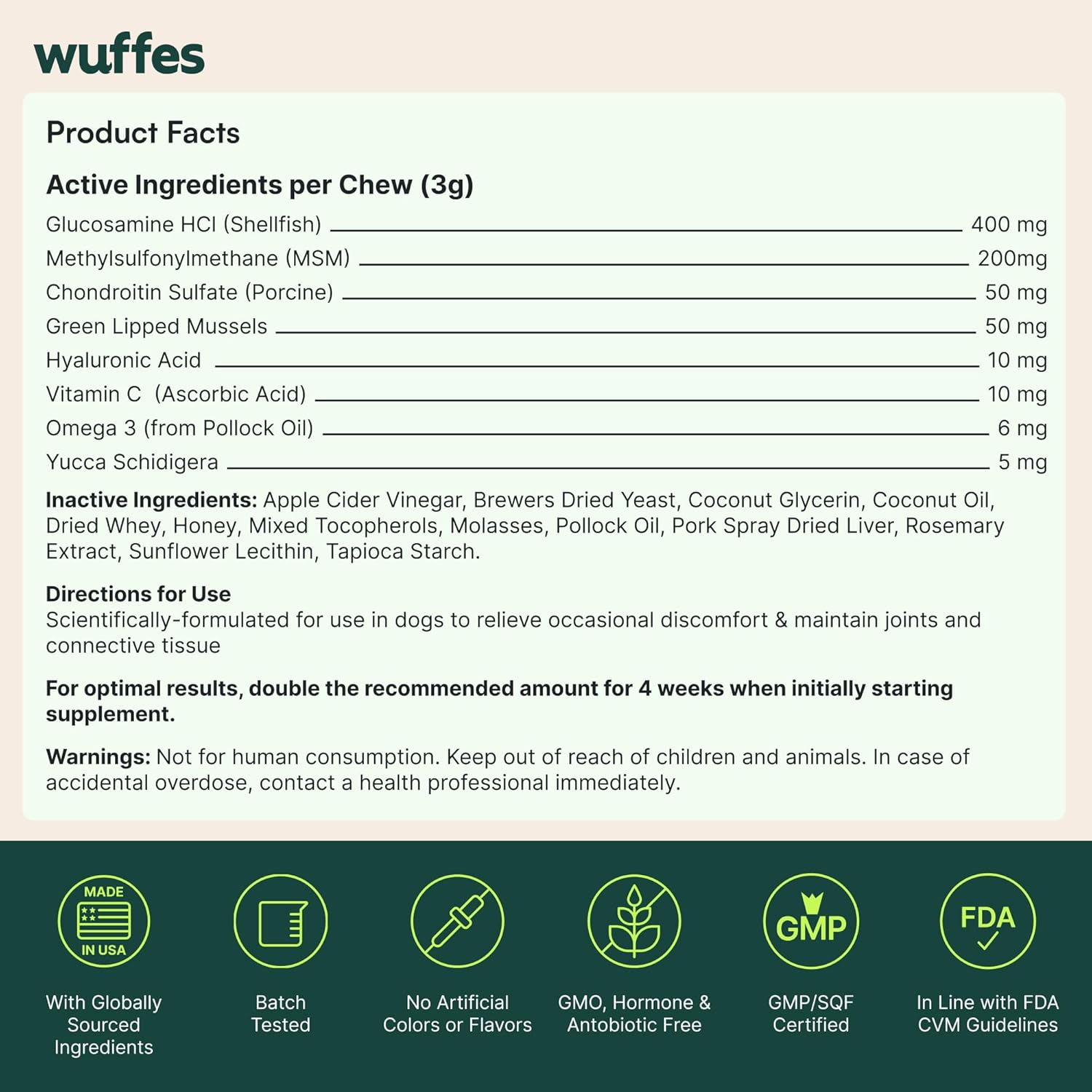 Wuffes Advanced Dog Hip and Joint Supplement with Glucosamine, Chondroitin, Omega 3, MSM, and Green Lipped Mussel, 60 Pork Flavored Chews for Small and Medium Dog Breeds