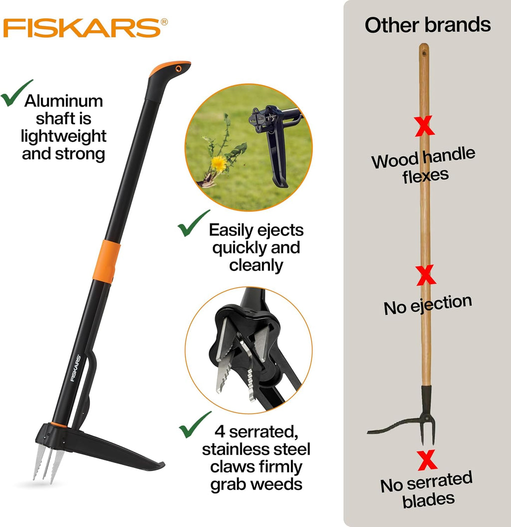 Fiskars Stand-Up Weed Puller Tool, 4 Serrated Stainless Steel Claws Grip Roots for Permanent Removal, Reinforced Foot Platform Penetrates Tough Soil, Easy-Eject & Ergonomic Offset Handle, 39"