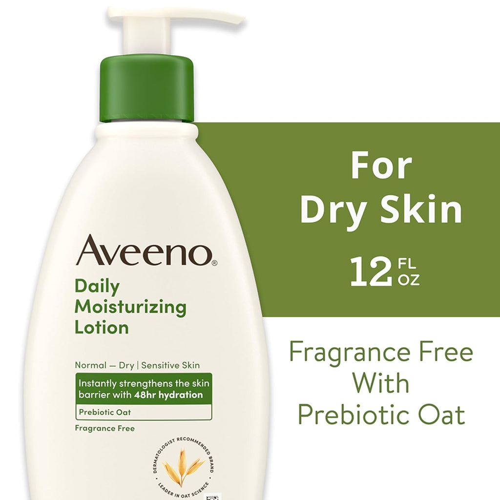 Aveeno Daily Moisturizing Body Lotion with Soothing Prebiotic Oat, Gentle Lotion Nourishes Dry Skin With Moisture, Paraben-, Dye- & Fragrance-Free, Non-Greasy & Non-Comedogenic, 12 fl. Oz