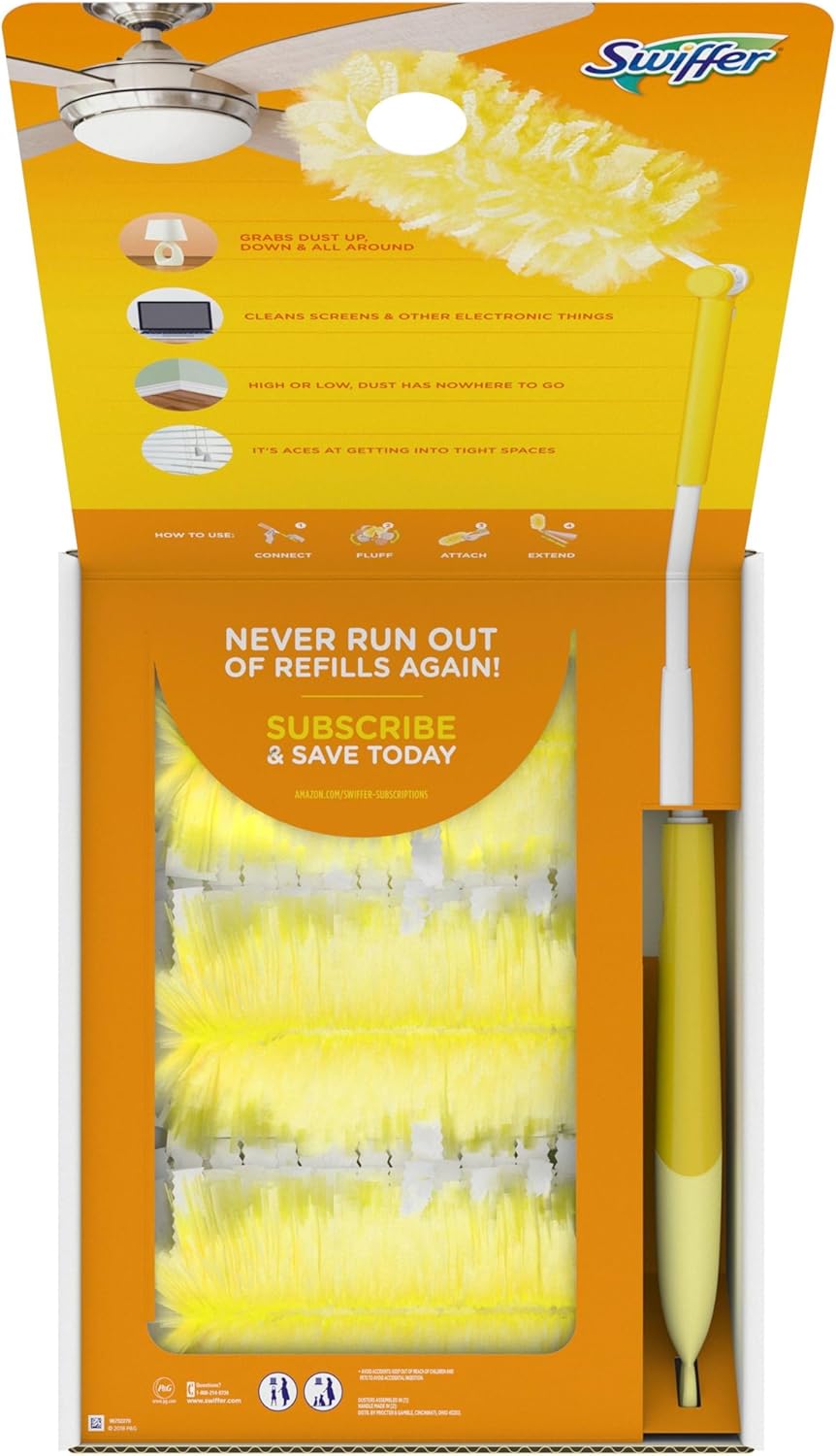 Swiffer Duster Kit with 3 ft Extendable Handle, Heavy Duty Dusting Starter Kit with 12 Refills, for Ceiling Fans, Vents and Hard to Reach Places
