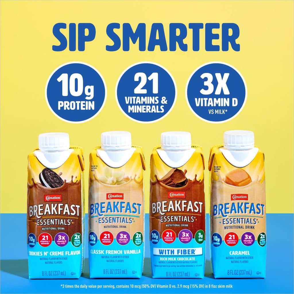 Carnation Breakfast Essentials Ready to Drink with Fiber, Rich Milk Chocolate, 8 FL OZ Carton (Pack of 24)