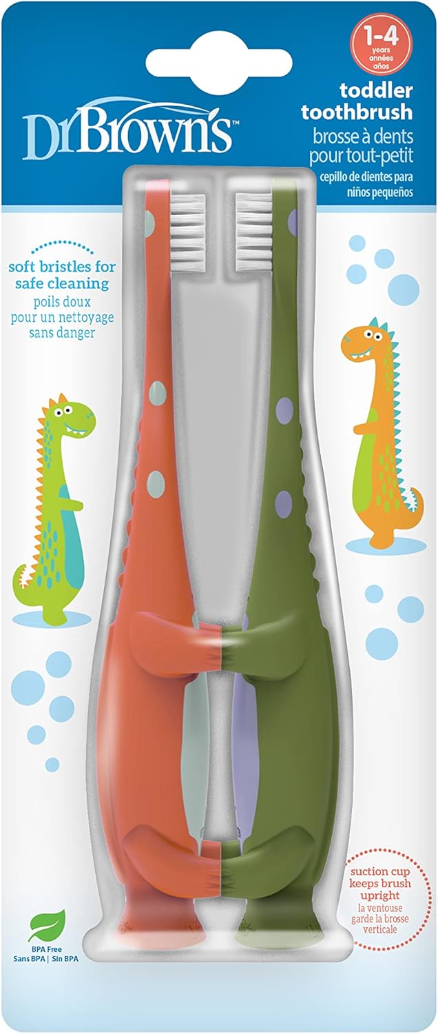 Dr. Brown's Baby and Toddler Toothbrush, Green and Orange Dinosaur 2-Pack, 1-4 Years
