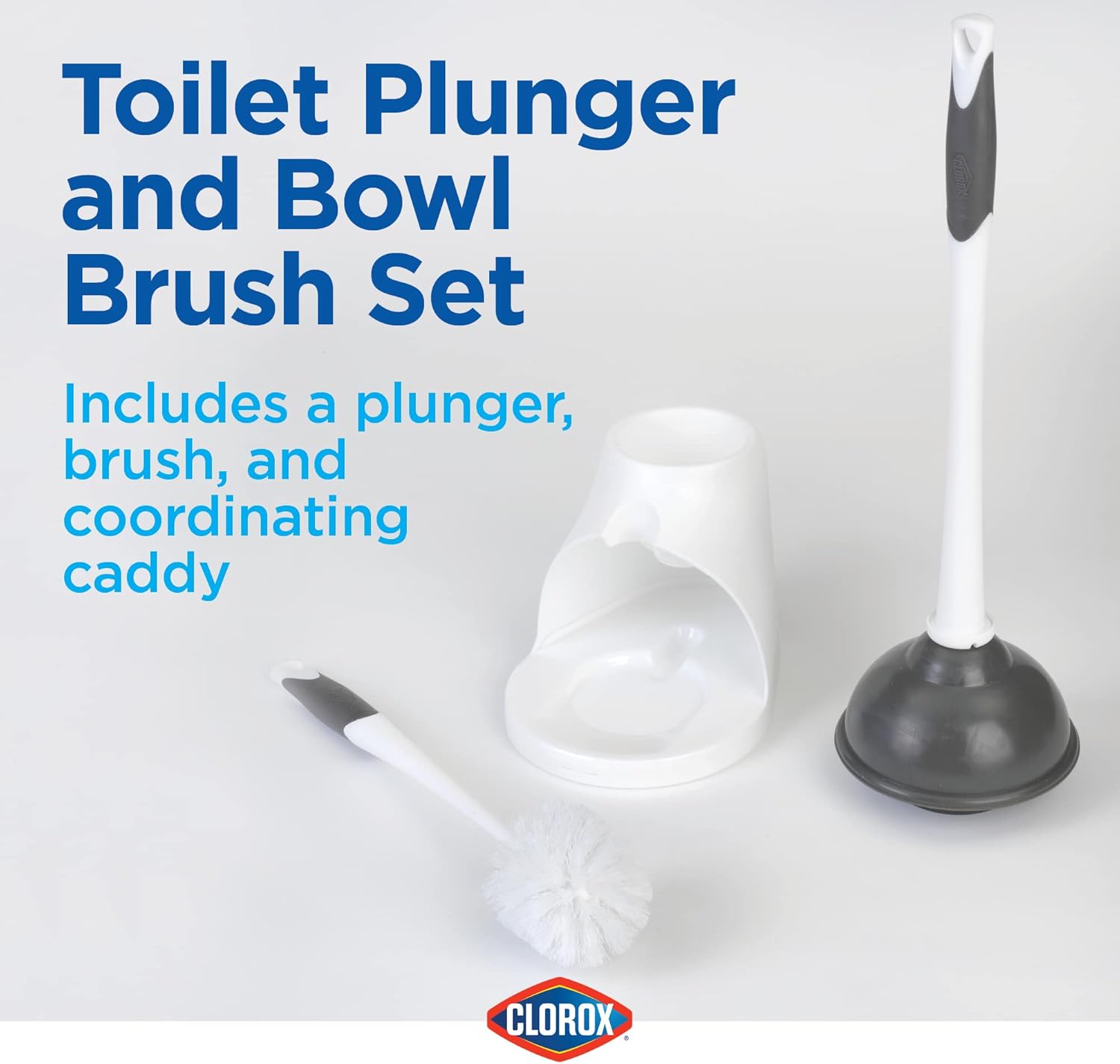 Clorox Toilet Plunger and Bowl Brush Combo with Caddy, 6.75 x 7 x 19.5 in, White/Gray