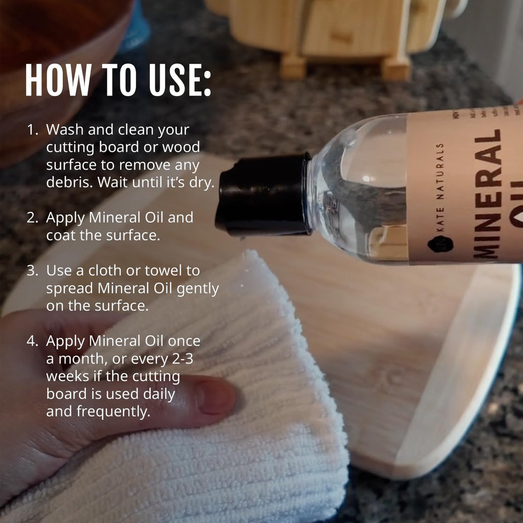 Kate Naturals Mineral Oil for Wood Cutting Board, Butcher Block, and Knife. Food Grade Mineral Oil for Wooden Cutting Board & Utensils (8oz, Food Safe)