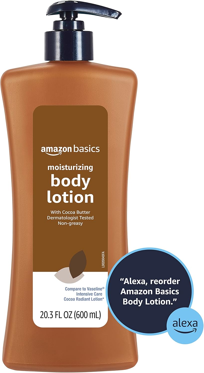 Amazon Basics Moisturizing Cocoa Butter Body Lotion for Dry Skin, Non-Greasy, Paraben Free, Lightly Scented, 20.3 Fl Oz