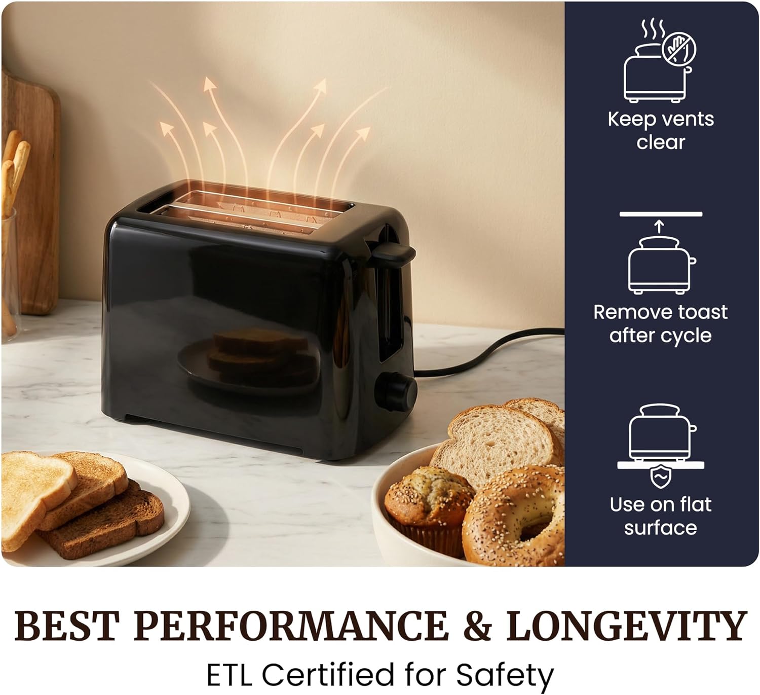 Elite Gourmet 2-Slice Cool Touch Toaster – 6 Browning Levels, Extra Wide 1.25” Slots for Bagels & Thick Bread, Cancel Function, Compact, ETL Certified, Black