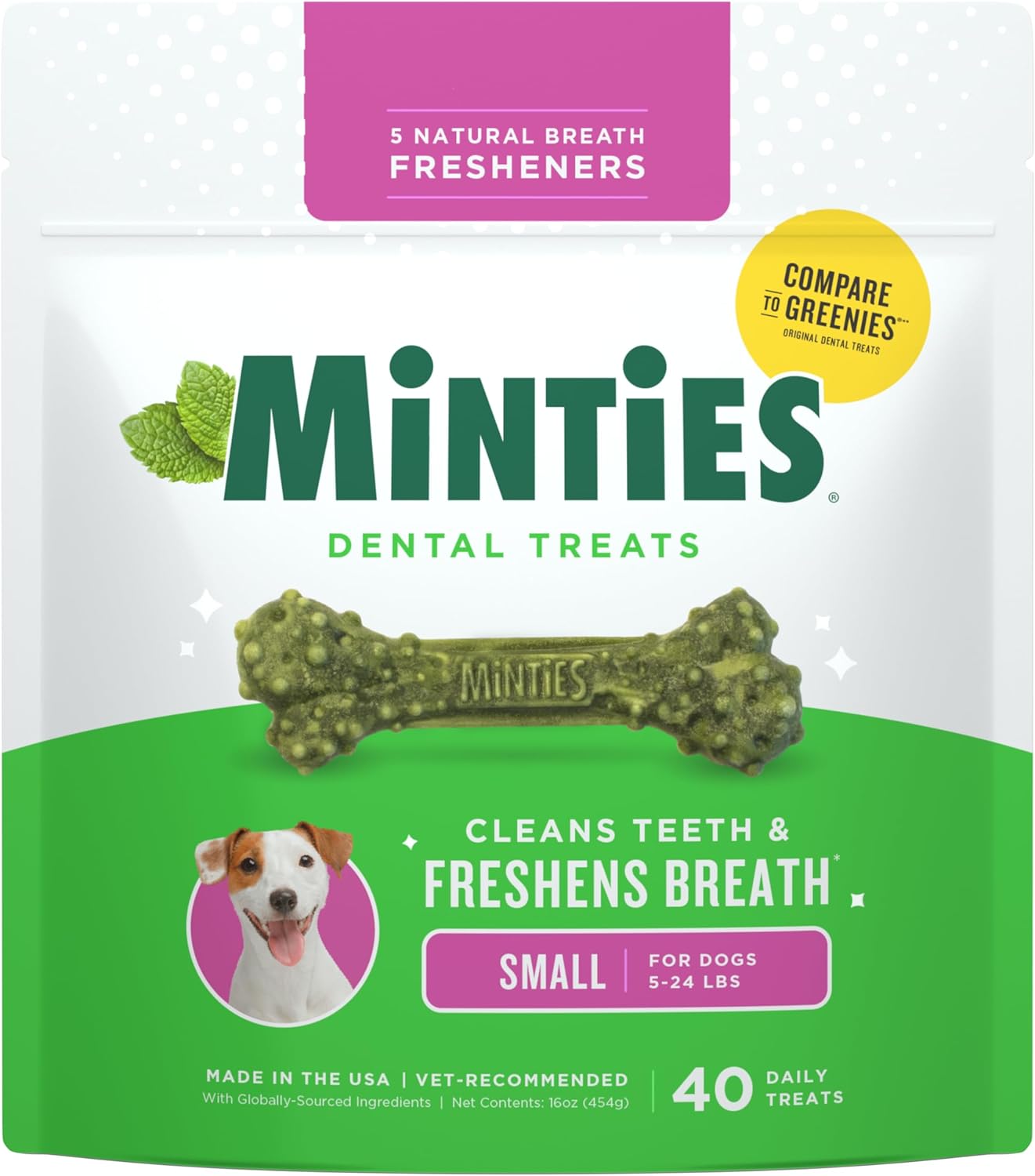 Minties Dog Dental Bone Treats, Tiny/Small Dental Dog Treats, 16 Ounces, Cleans Teeth, Fight Bad Breath, Removes Plaque and Tartar, 40 Count