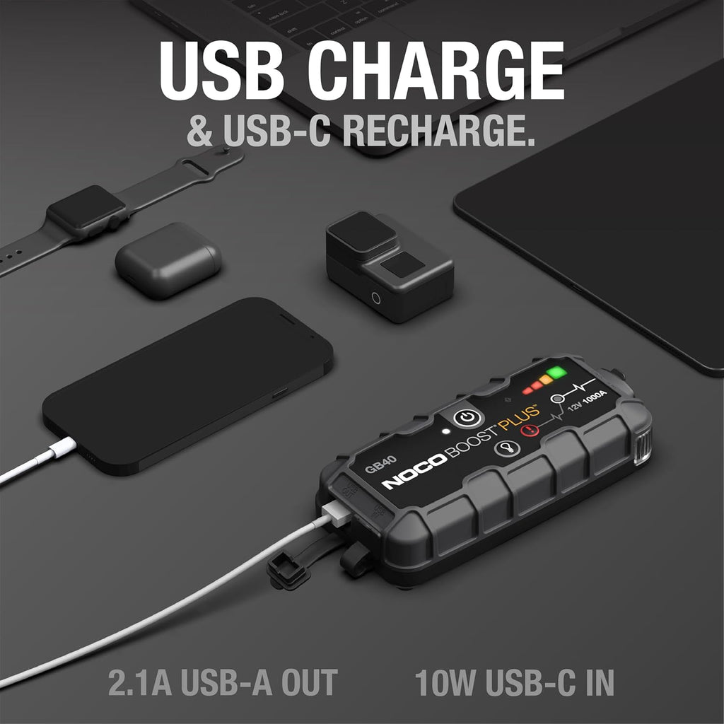 NOCO Boost GB40: 1000A UltraSafe Jump Starter – 12V Lithium Battery Booster Pack, Portable Jump Box, Power Bank & Jumper Cables - for 6.0L Gas and 3.0L Diesel Engines
