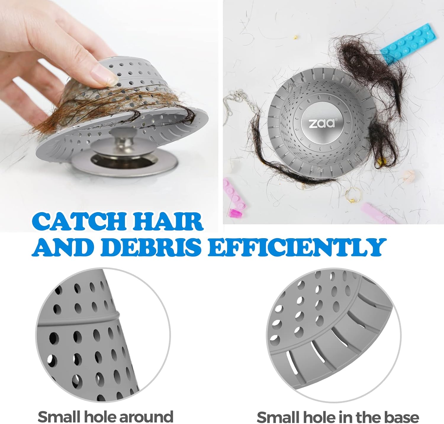 zaa Bathtub Drain Hair Catcher, Premium Silicone Shower Hair Catcher, 1Pack Collapsible Hair Stopper for Pop Up and Regular Drains of Shower, Bathtub, Bathroom Sink, Bathroom Fixture Accessories, Gray