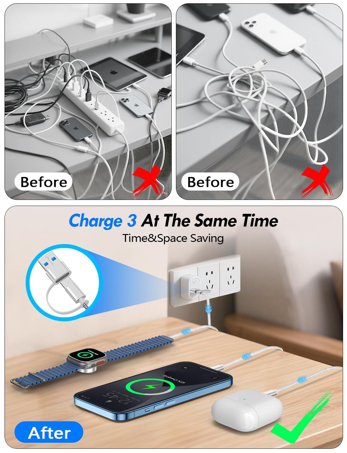 Travel Essentials for Apple Watch Charger,iPhone Charger,3 in 2 Type C/Lightning/Magnetic Travel Charging Cable Docks,Multi Charging Cable Portable Designed for iWatch Series,iPhone 17-11,S26,Car-4FT