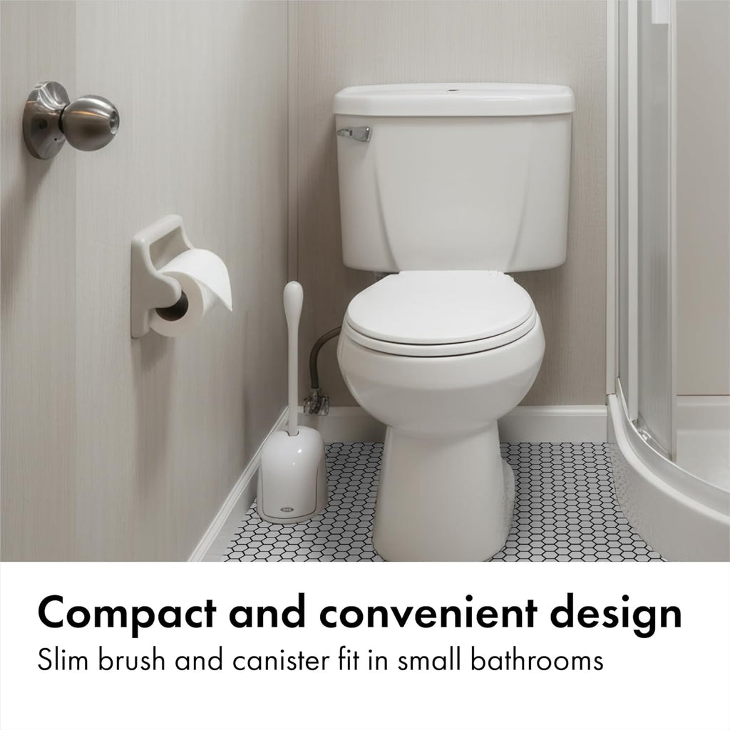OXO Good Grips Compact Toilet Brush & Canister, Toilet Bowl Brush and Holder with Automatic Canister Door, Bathroom and Small Spaces Cleaning Supplies Essential