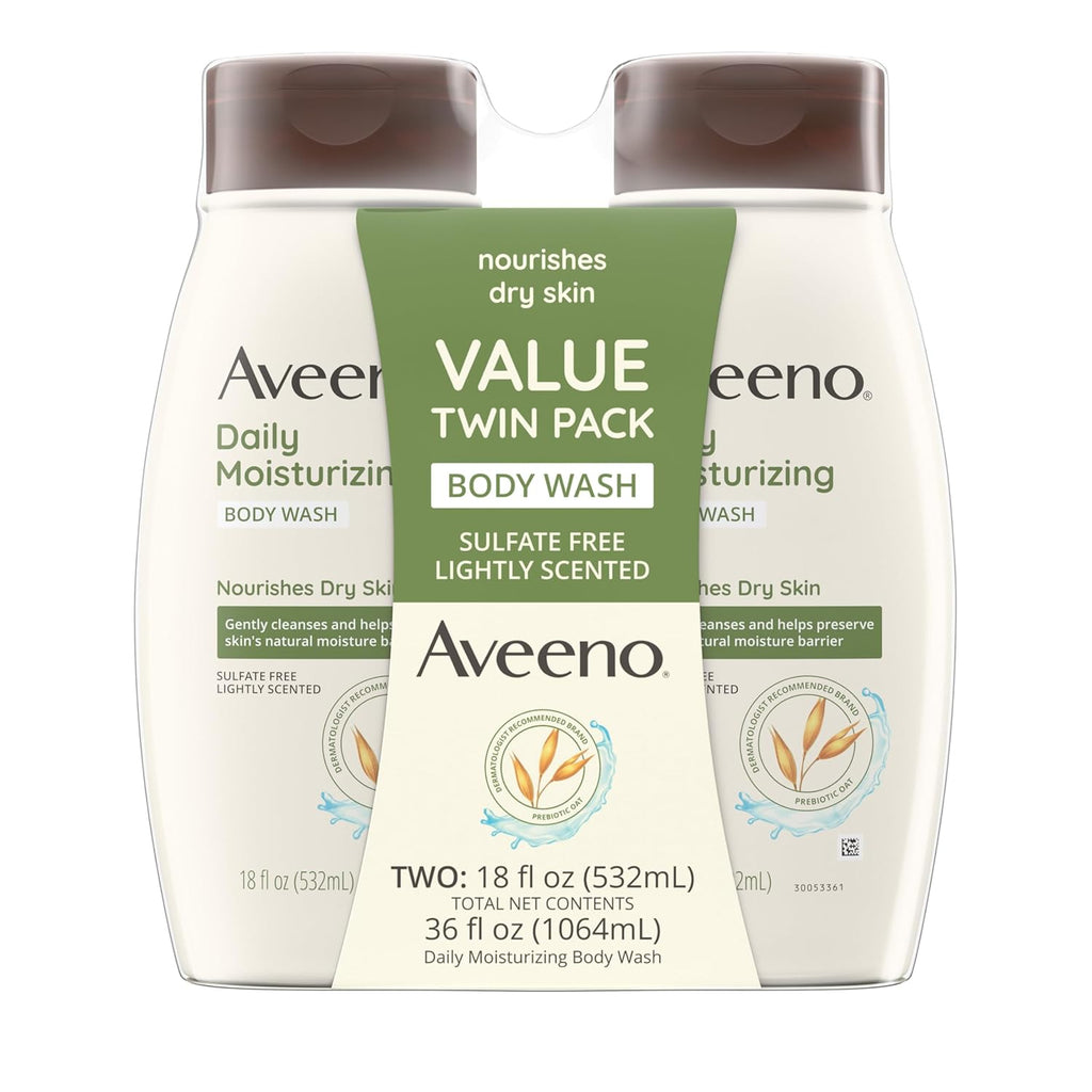 Aveeno Daily Moisturizing Body Wash Cleanser & Shaving Gel for Men & Women, Clean-Rinsing for Softer & Smoother Skin, Gentle & Lightly Scented, 18 fl. Oz, Pack of 2