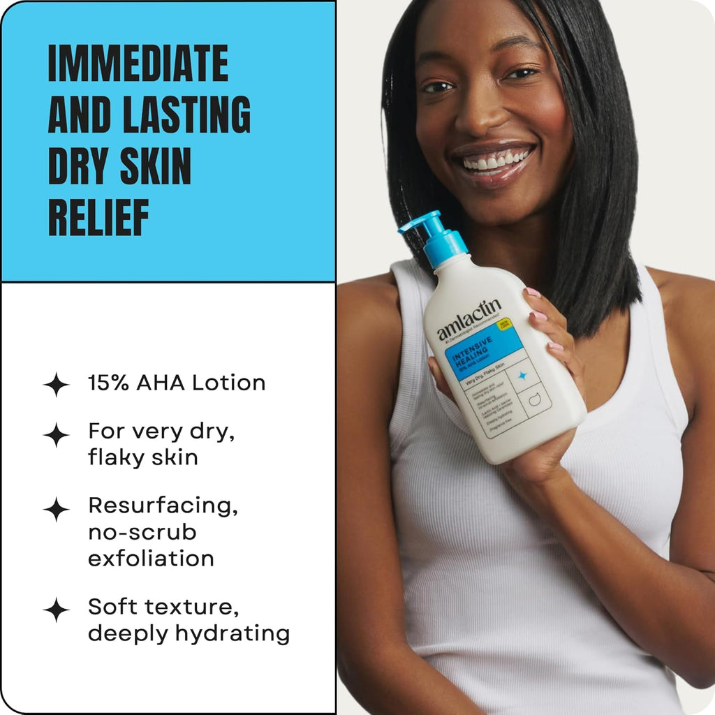 AmLactin Intensive Healing Body Lotion - Therapeutic Lotion for Extremely Dry Skin - No-Scrub Exfoliator and Moisturizer with 15% Lactic Acid AHA and Ceramides, 14.1 oz (Packaging May Vary)