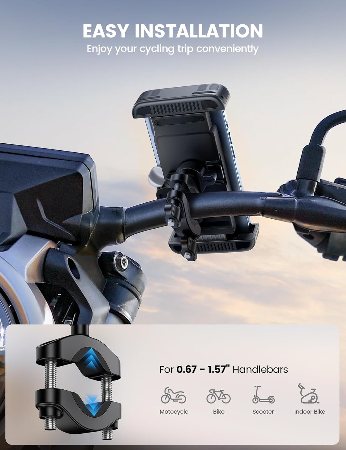 Lamicall Bike Motorcycle Phone Mount - [1s Quick Lock] Bike Cell Phone Holder Clip, Bicycle Scooter Handlebar Clamp, for iPhone Air, 17 16 15 Pro Max, Galaxy S25 S24 Ultra, 6-7.2" Phones