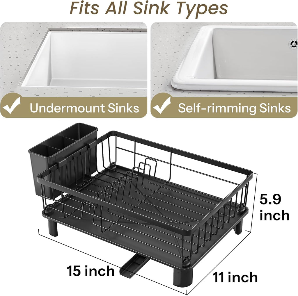 SNTD Dish Drying Rack - Space-Saving Dish Rack for Kitchen Counter, Stainless Steel Dish Drainer with Utensil Holder and Drainboard, 11" W x 15" L (Black)