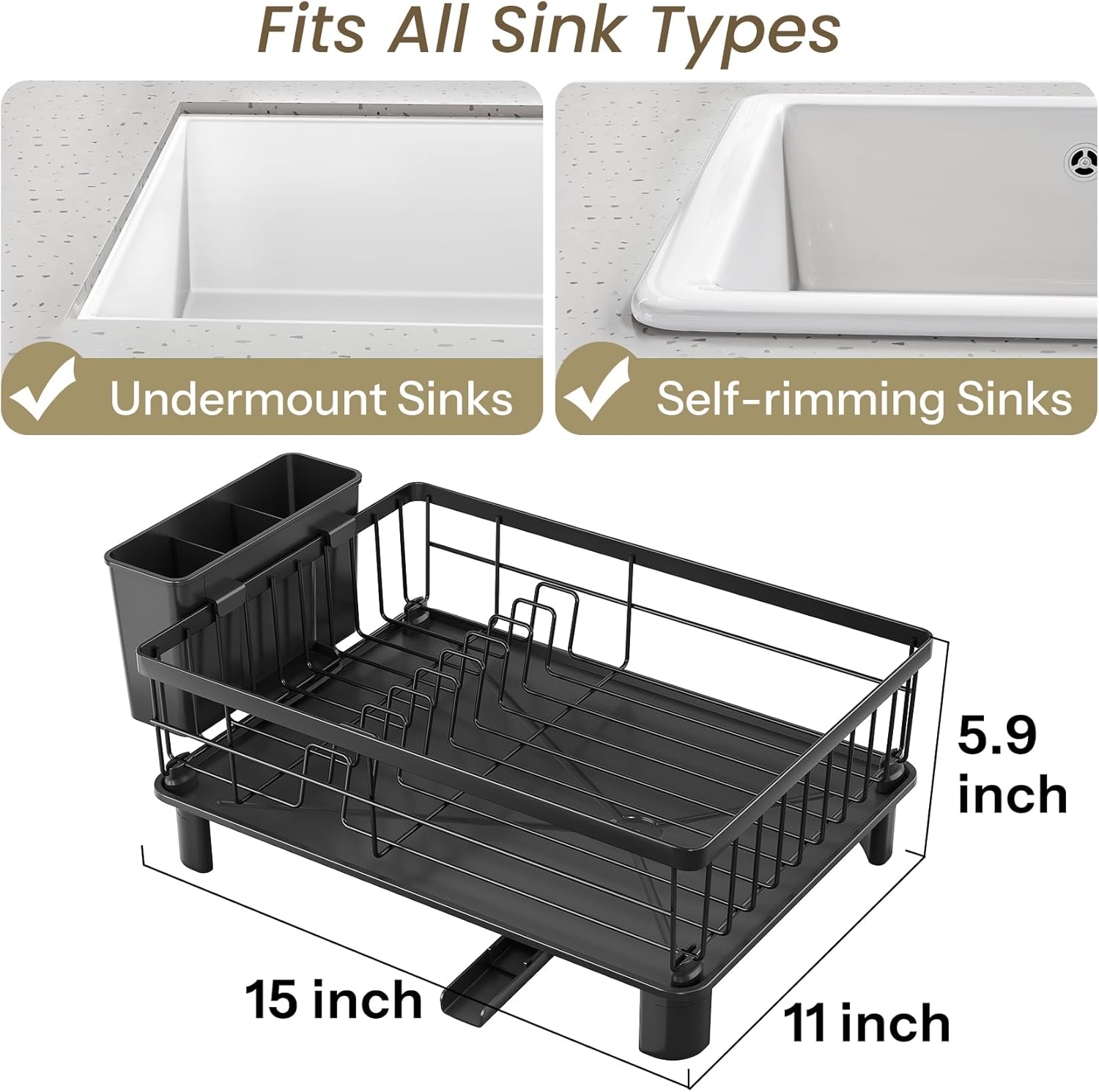 SNTD Dish Drying Rack - Space-Saving Dish Rack for Kitchen Counter, Stainless Steel Dish Drainer with Utensil Holder and Drainboard, 11" W x 15" L (Black)