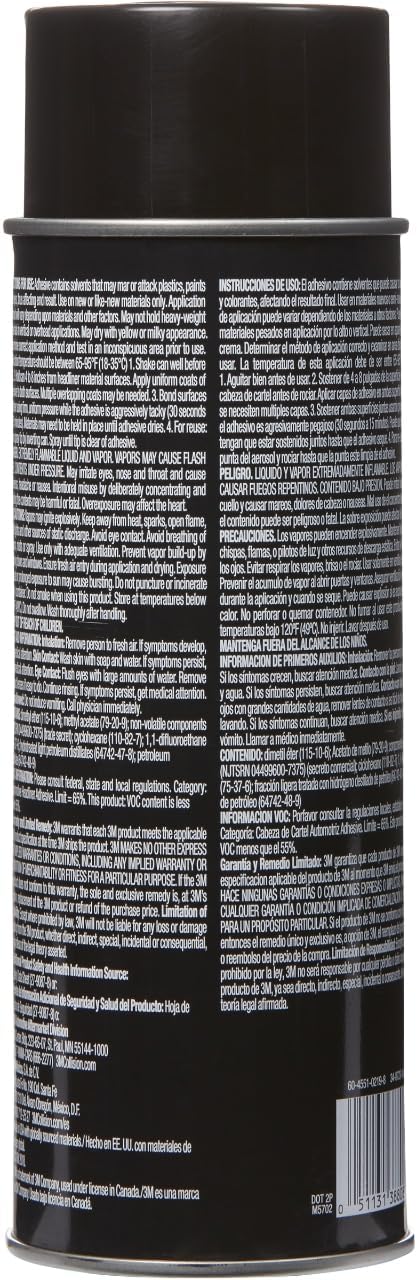 3M Headliner & Fabric Adhesive, 18.1 oz., Exceptional Strength Bonds Heavyweight Automotive Fabrics to Metal Surfaces, For Bonding Headlines, Carpet, Foam and Others, Quick & Easy Application (38808)