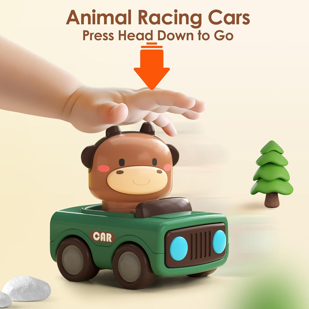 iPlay, iLearn Press to Go Car Toys for Toddlers 1-3, Baby Animal Racing Cars, Infant Play Vehicle Set, Baby Push Go Friction Car Toys for 6-9-12-18 Months, 1st Birthday Gifts for 1-2 Years Old Boys