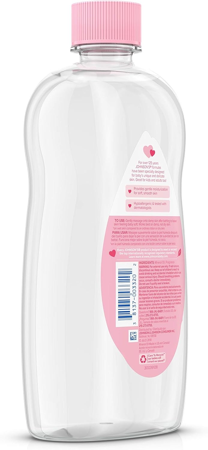 Johnson's Baby Oil, Pure Mineral Oil to help Prevent Moisture Loss for Baby, Kids & Adults, Gentle & Soothing Baby Massage Oil for Dry Skin Relief, Original Scent, Baby Essentials, 20 fl. oz