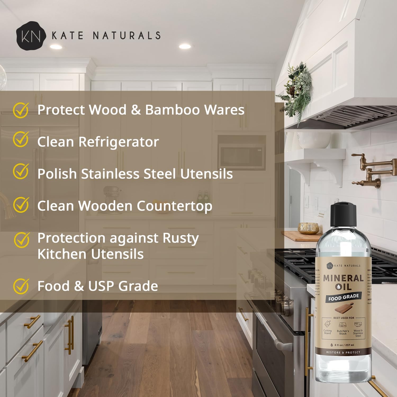 Kate Naturals Mineral Oil for Wood Cutting Board, Butcher Block, and Knife. Food Grade Mineral Oil for Wooden Cutting Board & Utensils (8oz, Food Safe)