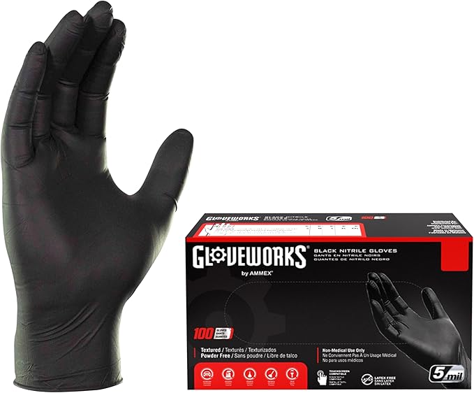 GLOVEWORKS Black Nitrile Gloves 5 Mil Disposable, Latex Free, Textured Grip for Food Service, Cooking, Professional Cleaning