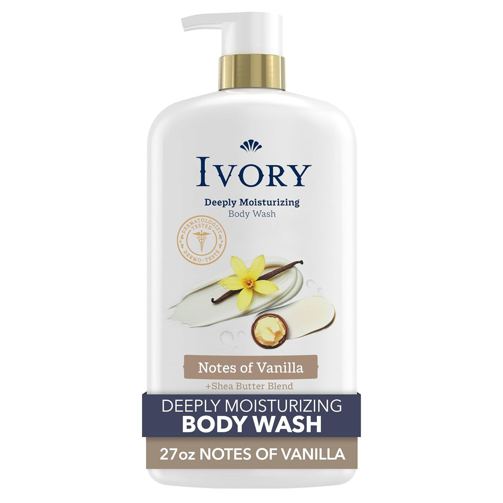Ivory Body Wash, Deeply Moisturizing, 24hr Nourishing Hydration, Soothes Itchy Dry Skin, Made with Shea Butter Blend, Free of Dyes Heavy Perfumes Parabens & Phthalates, Vanilla Scent, 27 oz