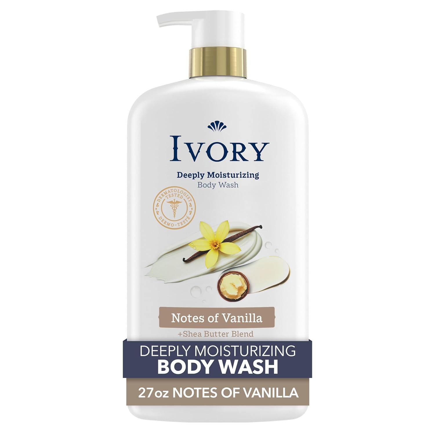 Ivory Body Wash, Deeply Moisturizing, 24hr Nourishing Hydration, Soothes Itchy Dry Skin, Made with Shea Butter Blend, Free of Dyes Heavy Perfumes Parabens & Phthalates, Vanilla Scent, 27 oz