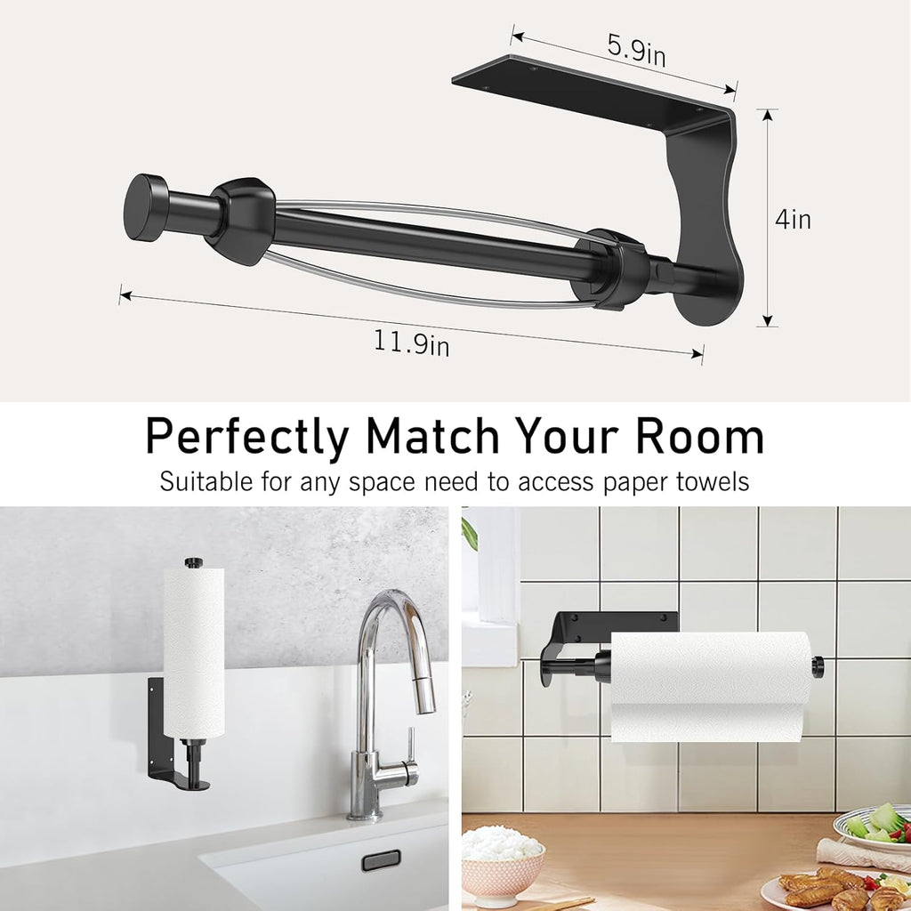SetSail Paper Towel Holder, Single Hand Operable Paper Towel Holder Under Cabinet with Adjustable Damper, Easy Tear, Wall Mount, Self-Adhesive or Drilled for Kitchen Bathroom, Black
