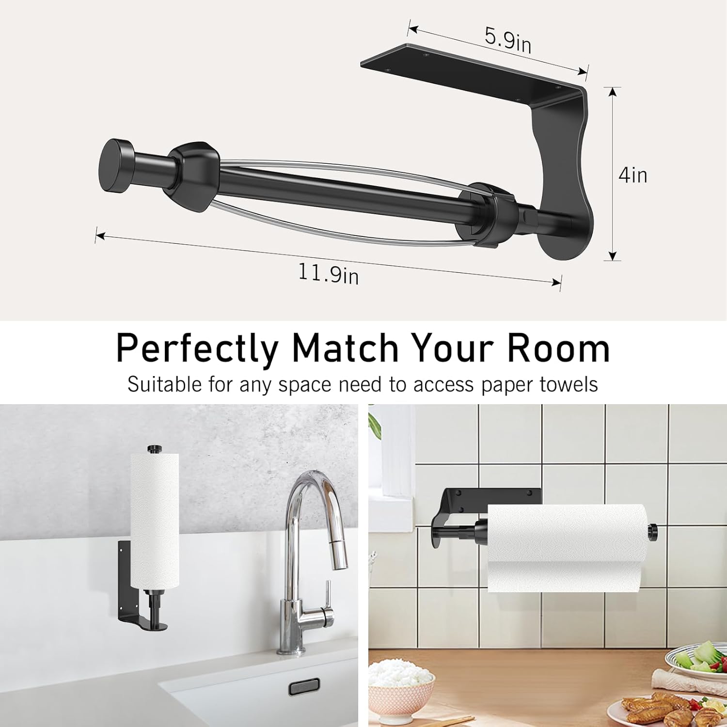 SetSail Paper Towel Holder, Single Hand Operable Paper Towel Holder Under Cabinet with Adjustable Damper, Easy Tear, Wall Mount, Self-Adhesive or Drilled for Kitchen Bathroom, Black