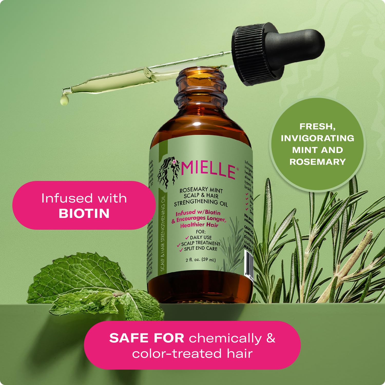 Mielle Organics Rosemary & Mint Hair Oil - Strengthening Biotin Oil Infused Frizzy & Damaged Hair Care - Split Ends & Dry Scalp Treatment to Support Longer, Healthier Strands, 2 Ounce