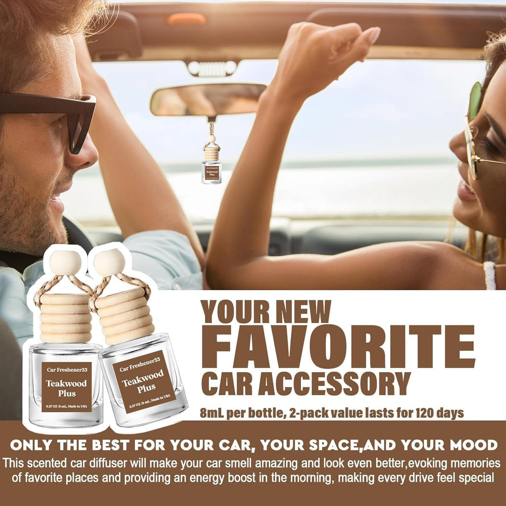C Classy Car Air Freshener Hanging 2 Pack, Mahogany Teakwood Essential Oil Diffuser, Cute Glass Bottle, Long-Lasting Fragrance Car Accessories for Women & Men, Made in USA